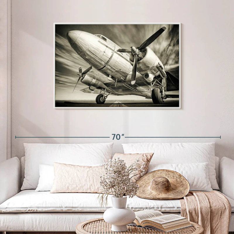 Avion rétro monochrome, Cadre flottant blanc, 43 po x 29 po