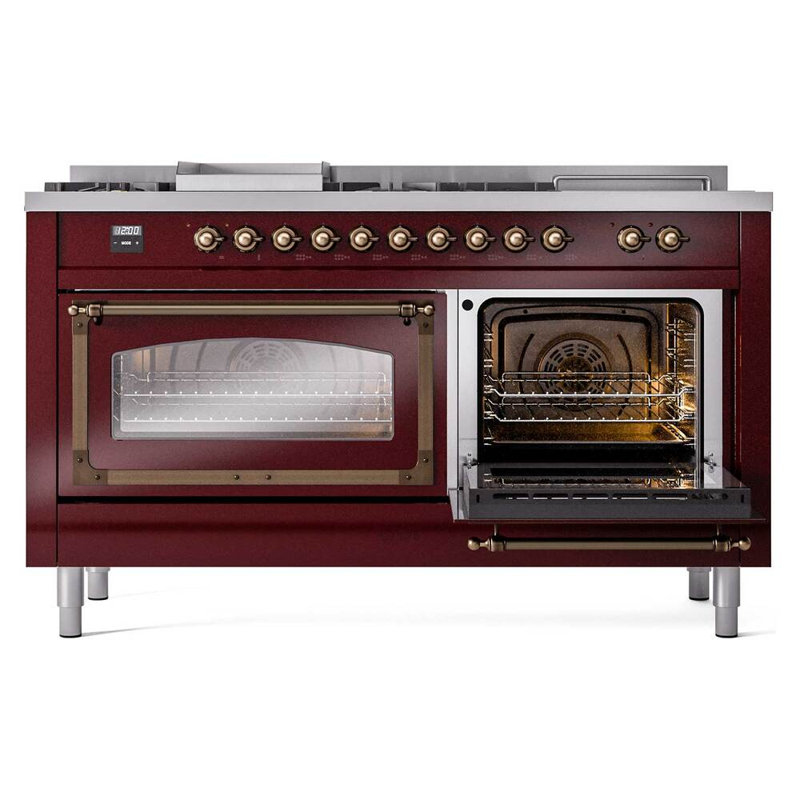 ILVE Nostalgie II Noblesse 60 in Dual Fuel Range 7 Burner, Griddle, Frenchtop, Natural Gas, Burgundy/Burnished