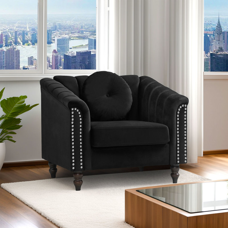 Latawnya Velvet Living Room Chair, Burgundy Red, Black Velvet