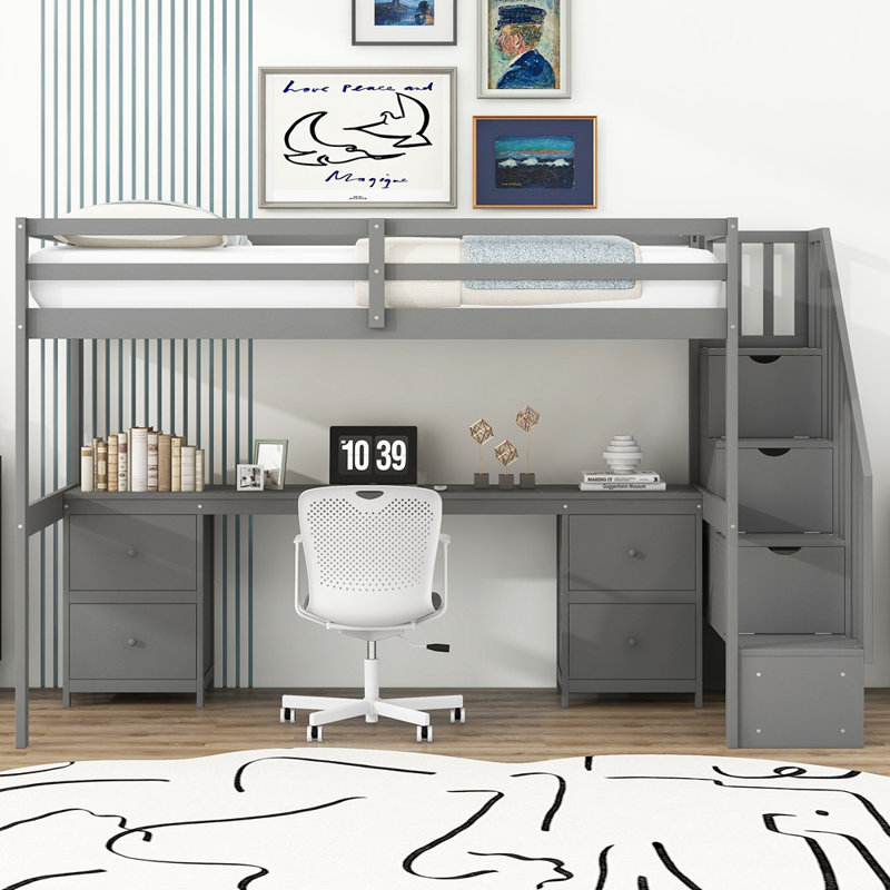 Structure de lit mezzanine avec bureau intégré et doubles tiroirs de rangement, gris