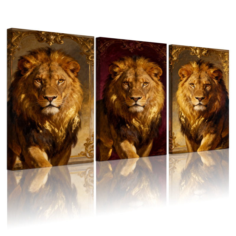 Animaux, lion, cadre doré, ensemble de 3 impressions sur toile, H 18 po x l 36 po