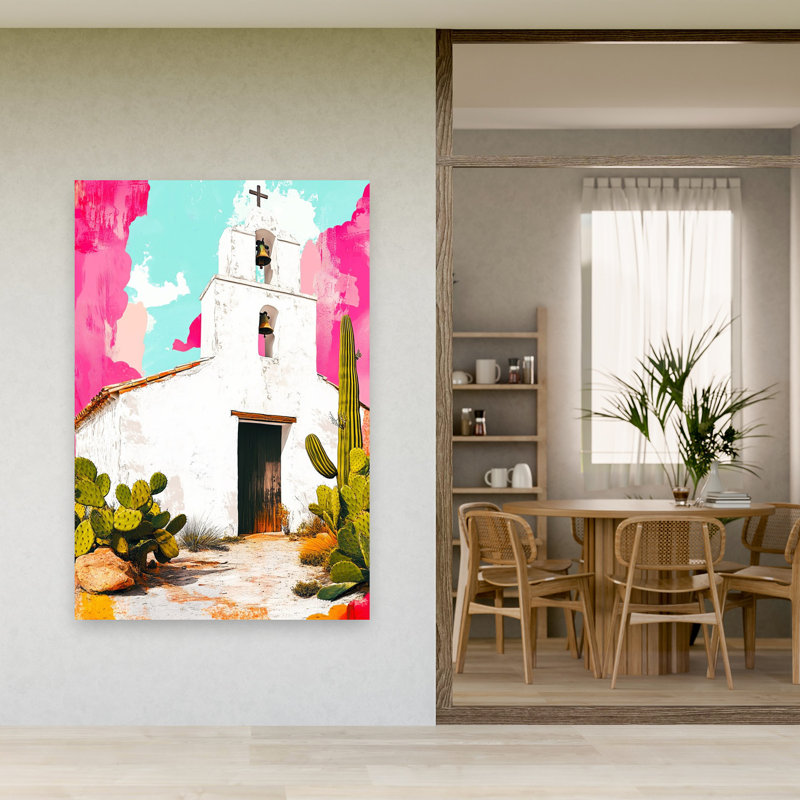 Vibrant Desert Mission Colorful Rustic Serene Cactus Architecture Landscape Wall Art Print 1 Piece Wrapped Canvas Wall Art