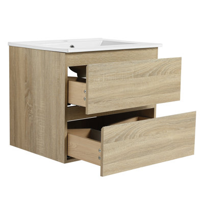 24" Bathroom Vanity, Ceramic Sink, 2 Soft Close Drawers, Oak Color, Vanity Wall Mounted, Oak, Astonishing Design