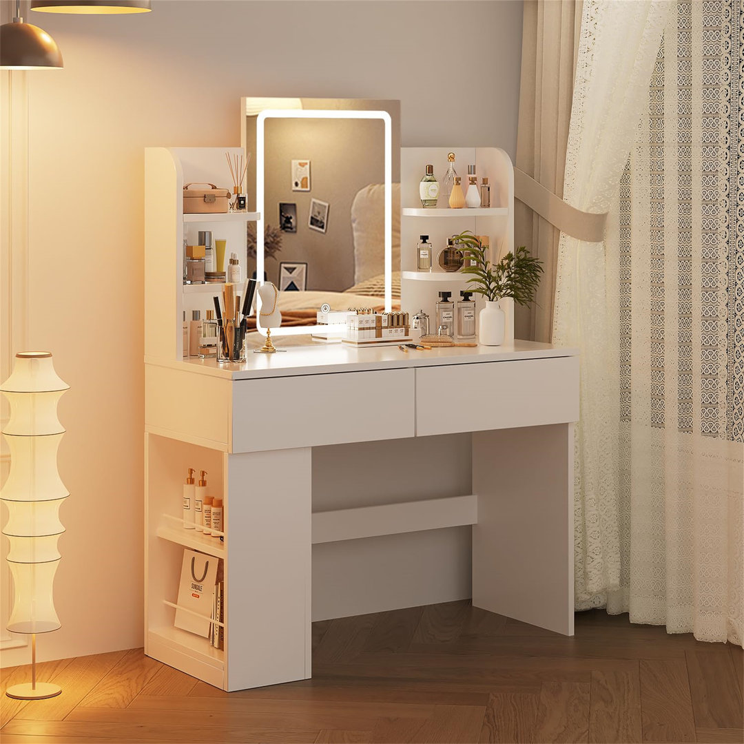 Dressing Table With LED Light,Vanity Desk With Mirror And Concealed LED Light Strip, Makeup Desk With Two Drawers And One Sideboard