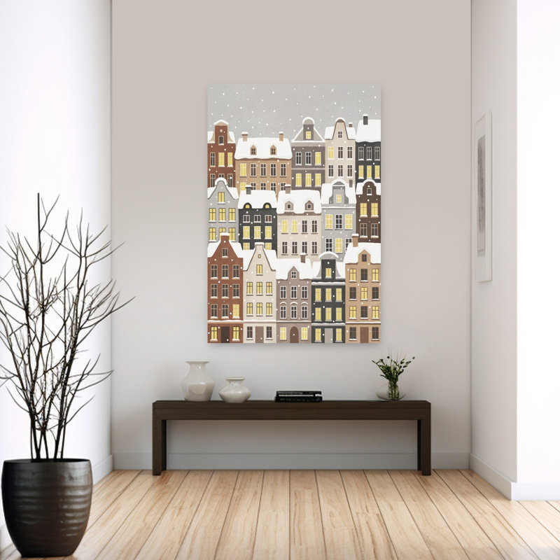 Cozy Winter Town, art contemporain urbain abstrait, H 60 po x l 40 po