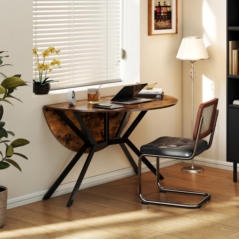 Folding Dining Table 47'' Extendable Round Kitchen Table w/Drop Leaves for Home, Rustic Brown