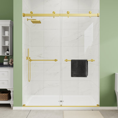 55"-60" W x 72" H Double Sliding Frameless Shower Door in Brush Gold with 1/4" (6mm) Clear Tempered Glass