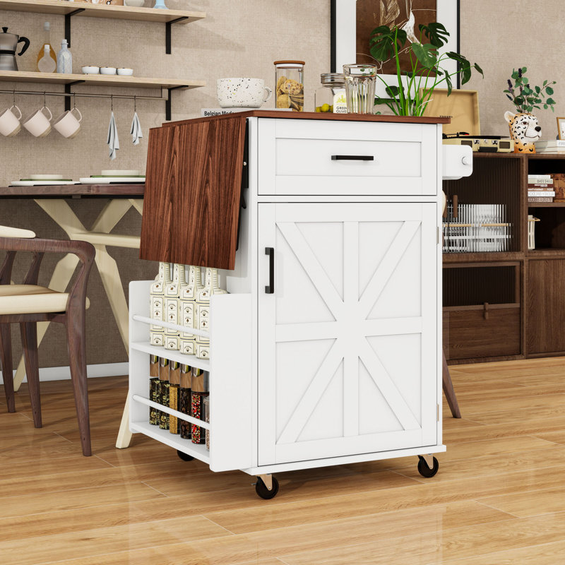 Rustic Mobile Kitchen Island Cart with Drop Leaf, Adjustable Shelf, Storage Drawer and Lockable Wheels, White