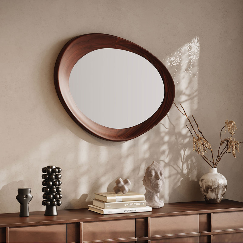 Asymmetrical Solid Walnut Wood Wall Mirror – 35" W x 32" H