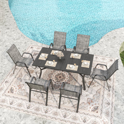 7-Piece Outdoor Patio Dining Set with Rectangular Wood-Grain Metal Table and 6 Ergonomic Chairs, Waterproof and Rustproof Design