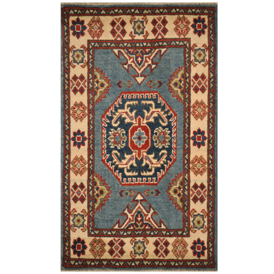 Tapis de zone en laine 2 pi x 3 po à la main one-of-kind noué la kazak Sayuri