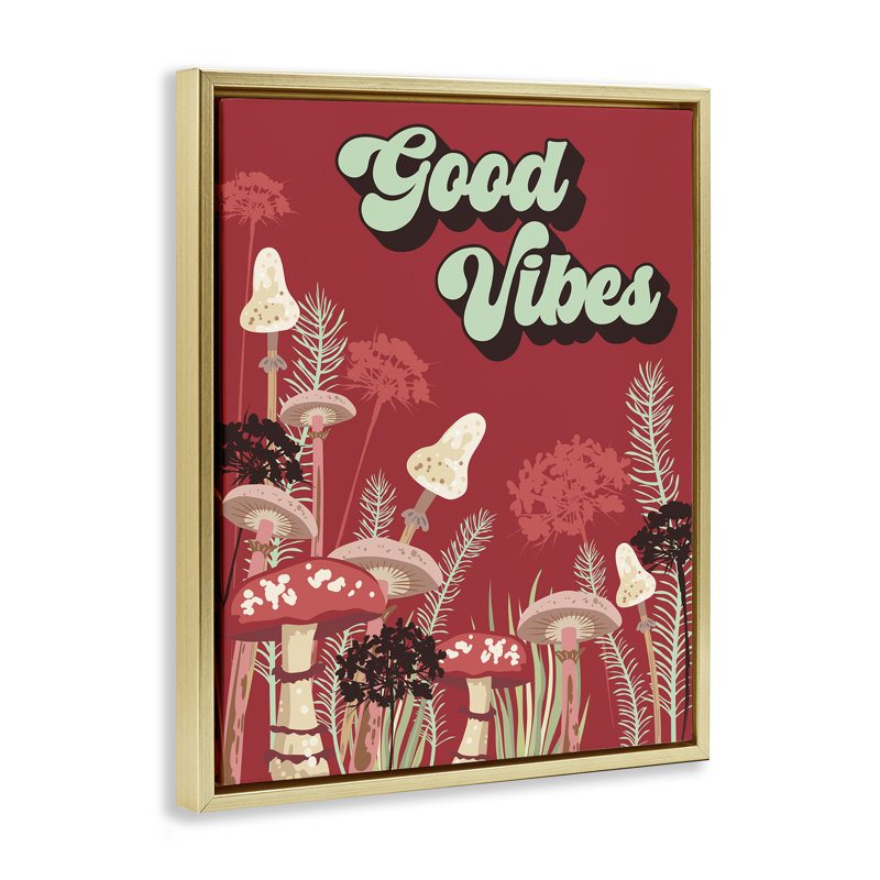 «Good Vibes Mushroom», art mural encadré par Diane Labombarbe, Cadre flottant métallique doré, H 31 po x l 25 po