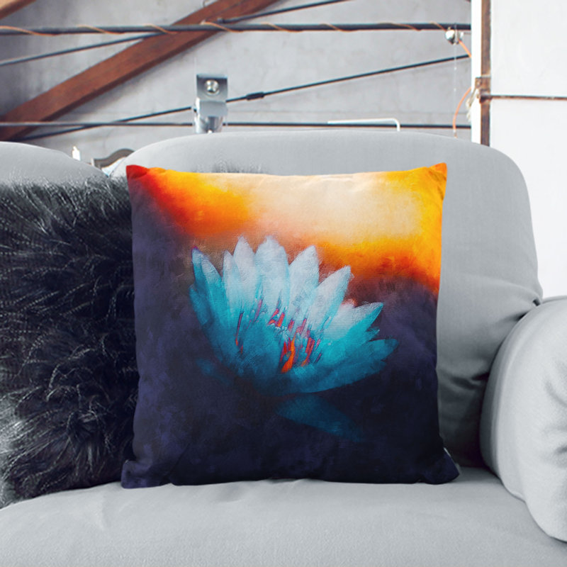 Lotus Flower Painting Cushion with Filling, Black, 40cm H x 40cm W x 15cm D