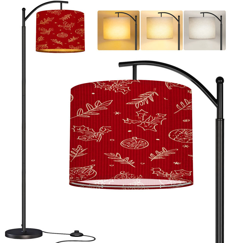  Arc Floor Lamp Hand Drawn Christmas Holly Leaves Baubles Gift Boxes Red Tall Modern Standing Lamp LED Adjustable Linen Lampshade 3 Color Temperatures