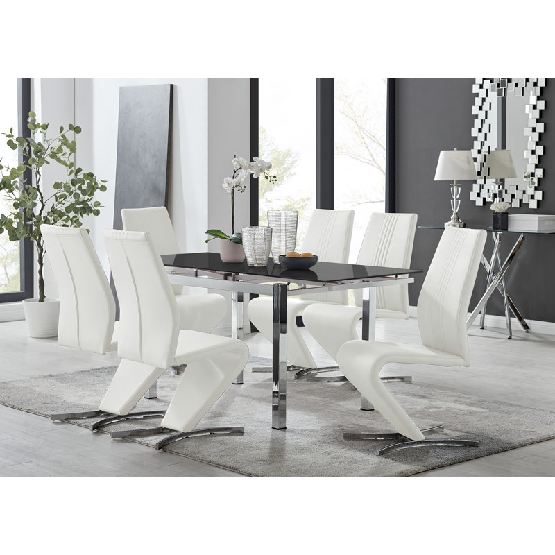 Tierra Modern Glass & Metal Extendable Dining Table Set & 6 Luxury Faux Leather Dining Chairs, White/Silver