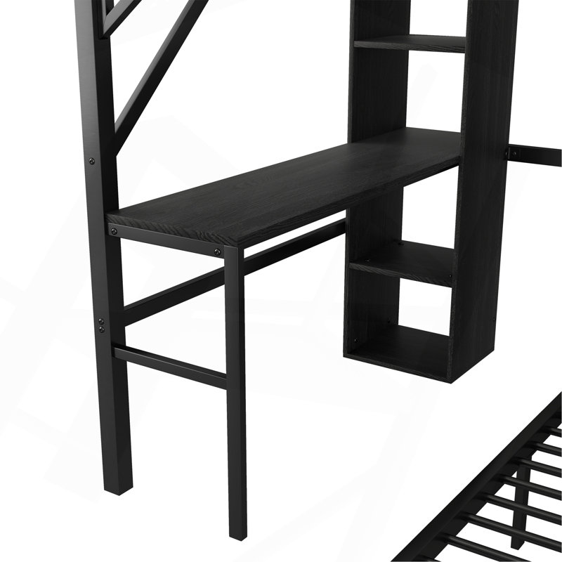 Lit double superposé double au-dessus d'un lit double avec bureau et étagères, lit superposé amovible en métal avec DEL et station de charge