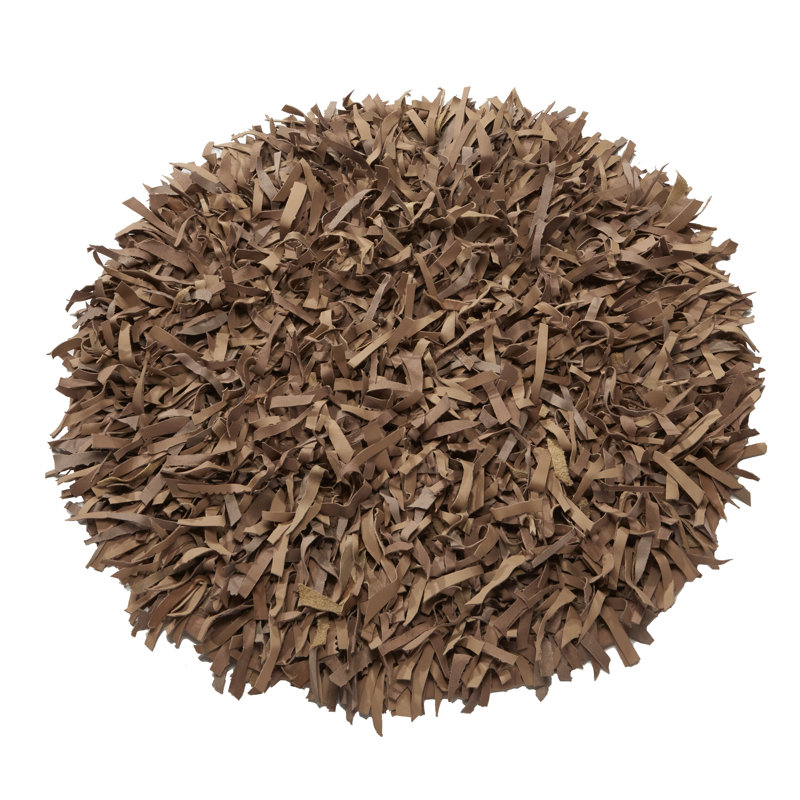 Handmade Pecan Leather Shag Round Rug 36"