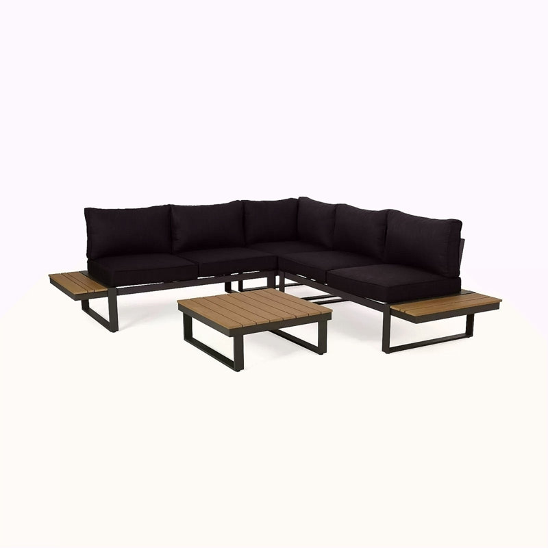 V-Shaped Outdoor Aluminum 5 Seater Sofa Set With Cushions, Black, Gray/Natural