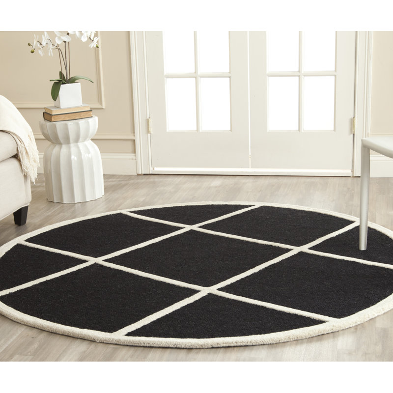 Tapis noir / blanc en laine touffeté à la main Sanyla, Rond 6 pi