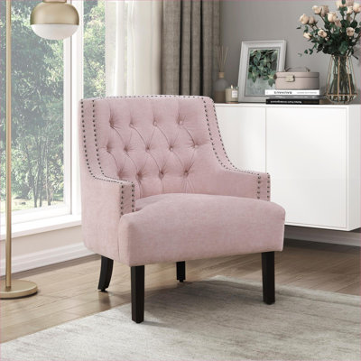 Fauteuil d'appoint de salon en chenille rose chaud capitonné à boutons en bois massif de L 28 po x l 30 po x H 34 po