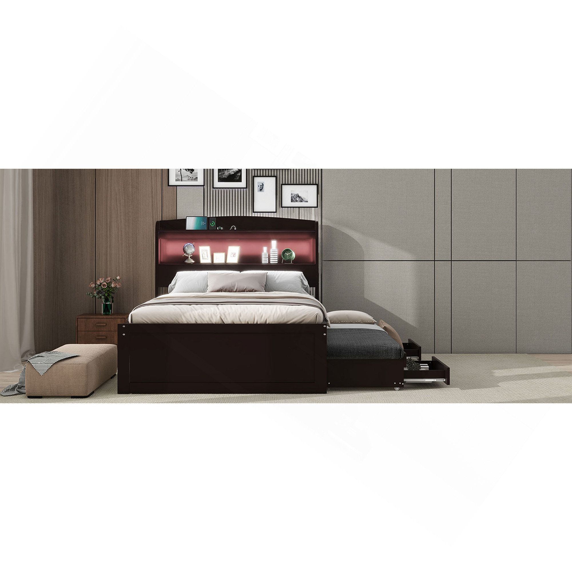 Latitude Run® Twin XL Size Platform Bed With Storage LED Headboard ...