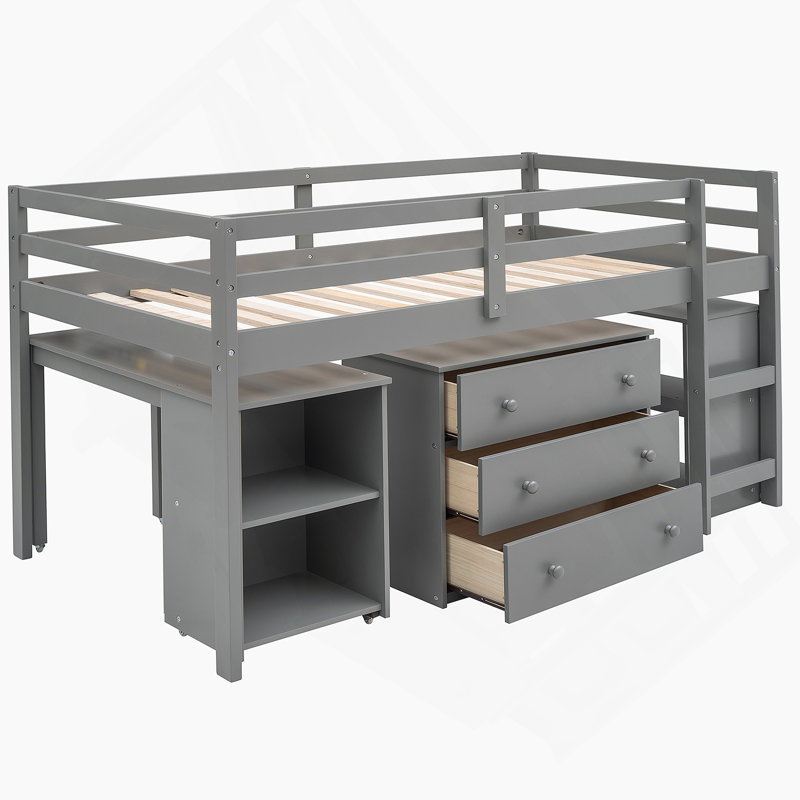 Lit mezzanine bas avec cabinet et bureau portatif à roulettes Low UGS: LPAAE, Gris