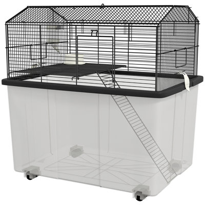 Cage à hamster 22 "à 2 niveaux avec base extra profonde 14", cage pour petits animaux avec rampe, bouteille d'eau, plat de nourriture, roues, noir