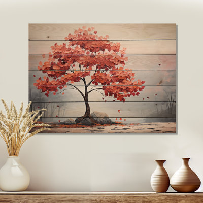 Fiery Red Maple Tree - Tree Maple Wood Art On Natural Pine Wood