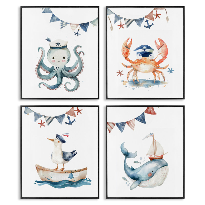  Ensemble de 4 giclées d'art maritime maritime par LSR Design Studio, H 14 po x l 11 po, Giclée encadrée noir minuit