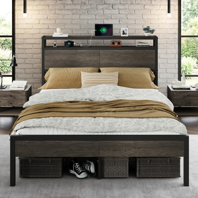 Structure de lit double avec tête de lit et station de charge Tryston, gris, Double, Grey