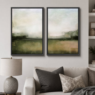 Minimal Landscape "Muted Green Watercolor Artwork, Classic Simple Minimalist Wall Pictures, Framed Canvas Giclee Print 2 Pieces Wall Art Set" 16x24x2 pcs, 24x36x2 pcs