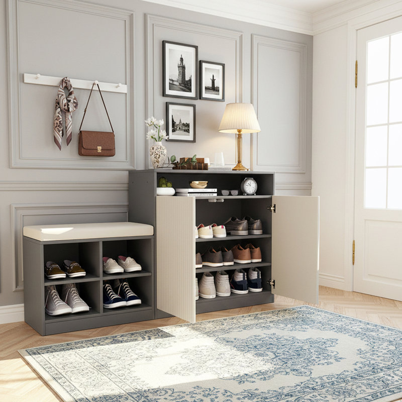 3-Tier Adjustable Shelves Shoe Cabinet With Bench And Removeble Cushion And Hooks, Beige/Gray