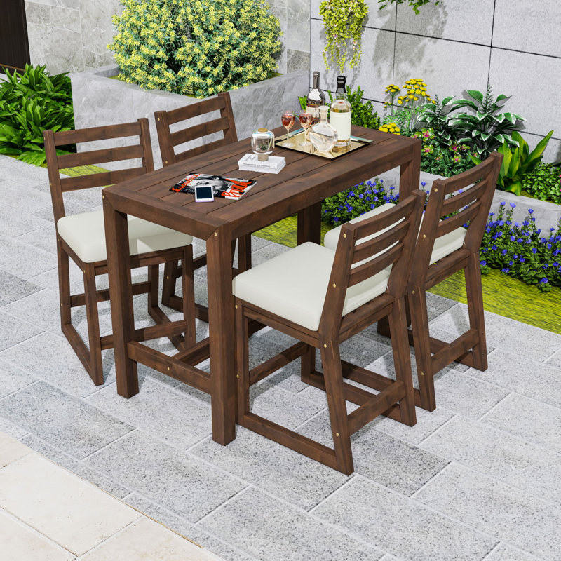 5-Piece Space-Saving Patio Dining Table Set with Slatted Tabletop and Removable Cushions, Mocha