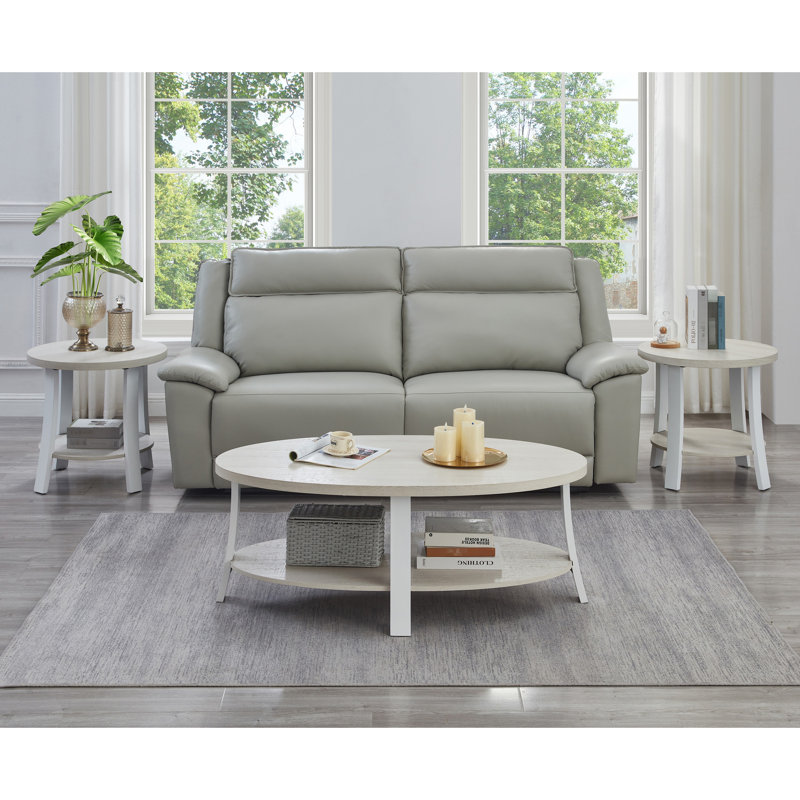 Table basse ovale en bois avec 3 tablettes et deux tables de bout blanches et élégantes pour le salon