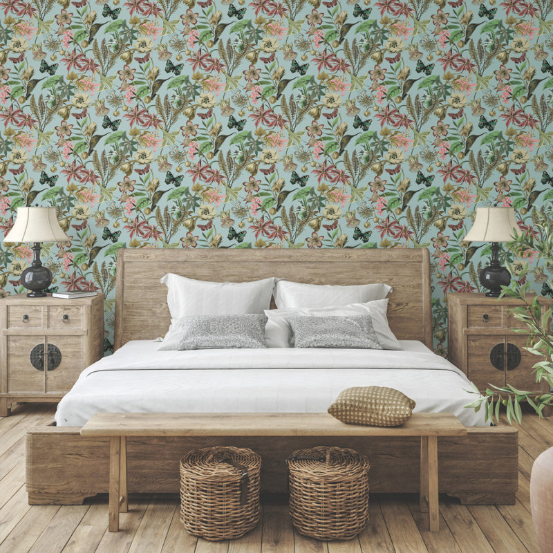 Floral Matte Wallpaper Roll, Sky Blue