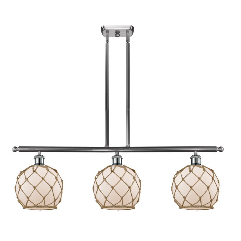 Luminaire suspendu linéaire à 3 lumières pour îlot de cuisine Hildebrandt Farmhouse, Blanc avec corde brune