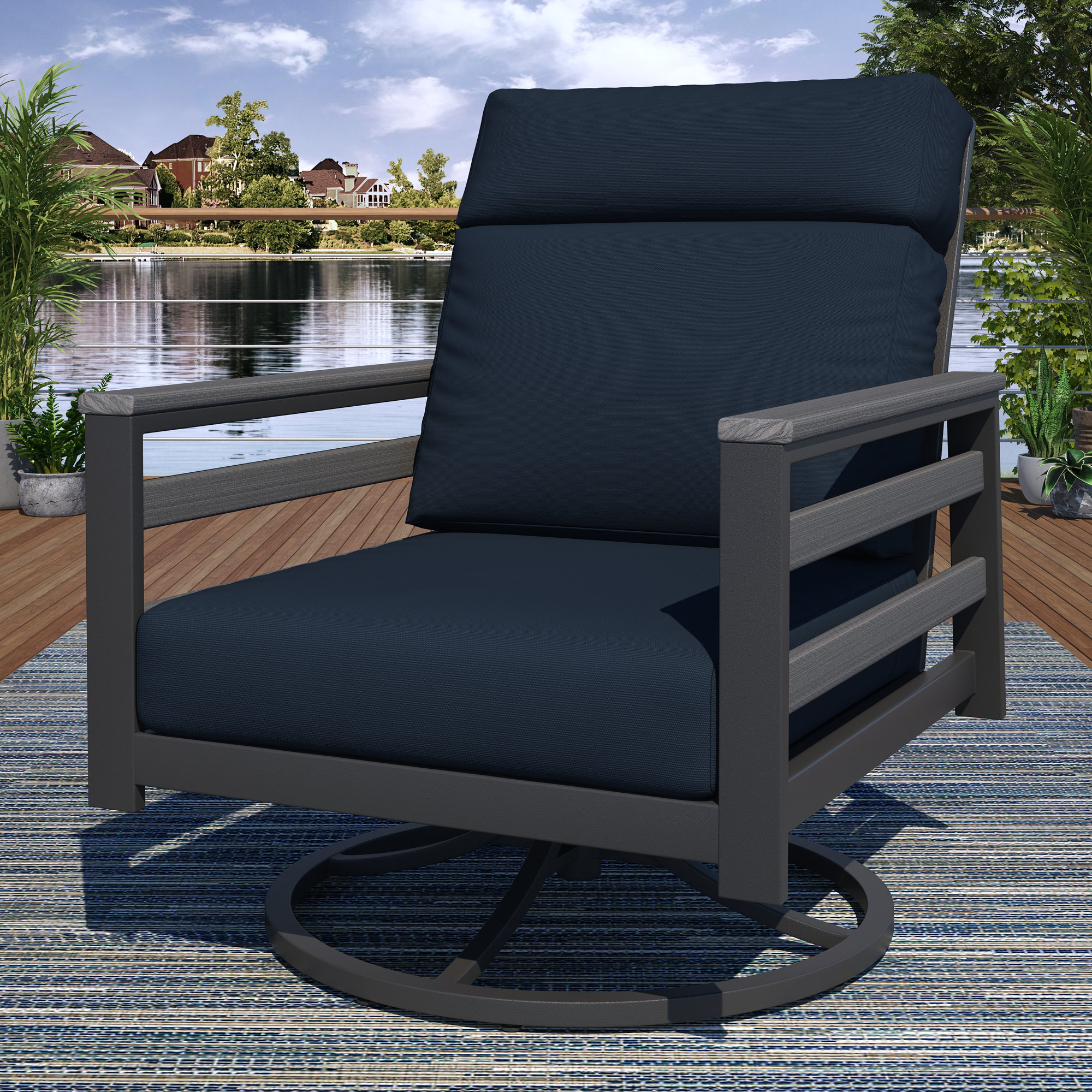 Townsend Metal Outdoor Rocking Chair With Sunbrella Cushion, Gray, Canvas Navy