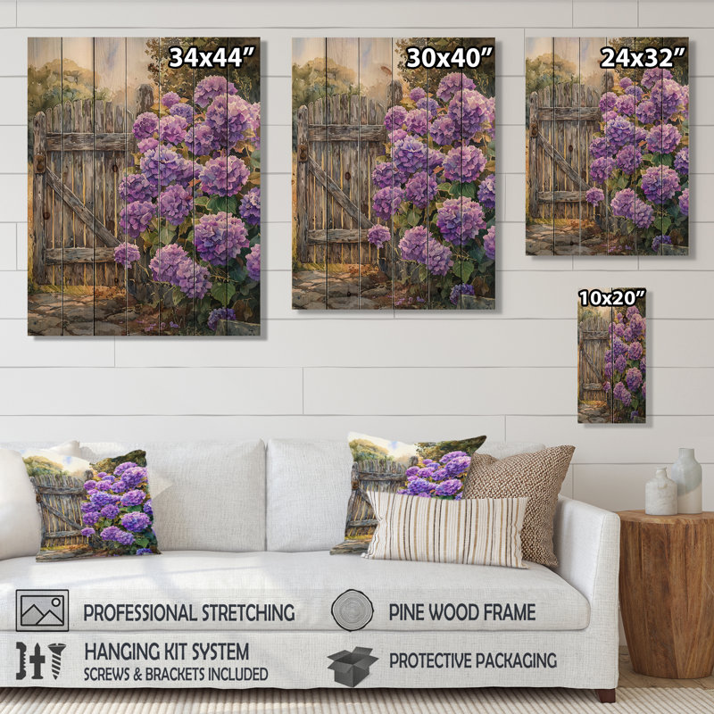 Hortensias d'été par la clôture de la ferme I - décoration murale en bois d'hortensias - sur bois de pin naturel