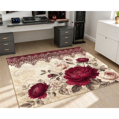 Grand tapis lavable à motif floral, pivoines rose bordeaux vintage, surface velours, doux et antidérapant, décoration intérieure moderne pour salon, chambre, entrée, bureau, balcon, appartement