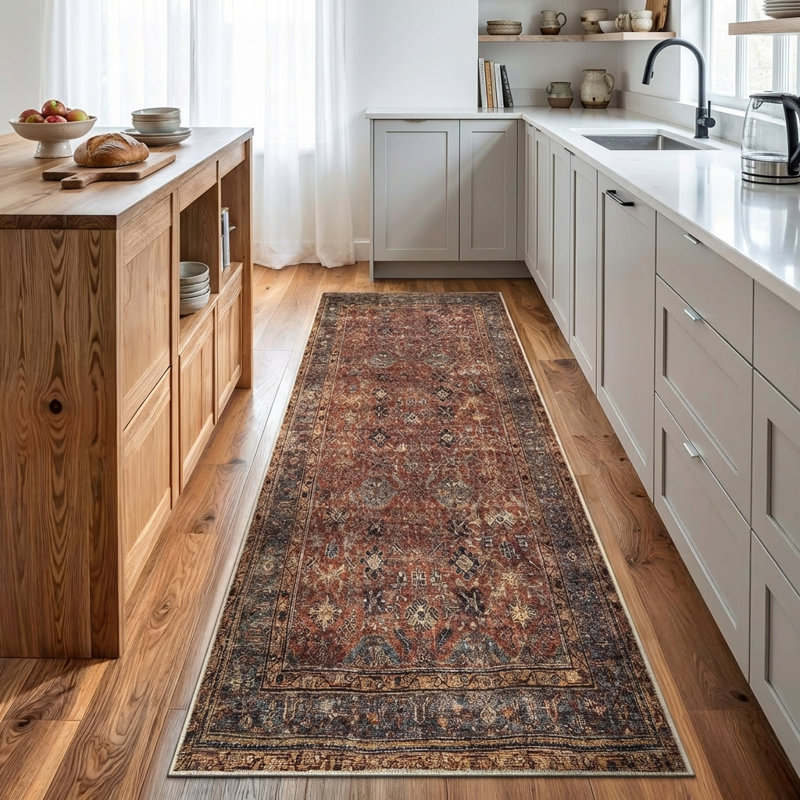Tapis traditionnel terre cuite / moutarde antidérapant lavable à la machine, Tapis de couloir 2 pi 6 po x 10 pi