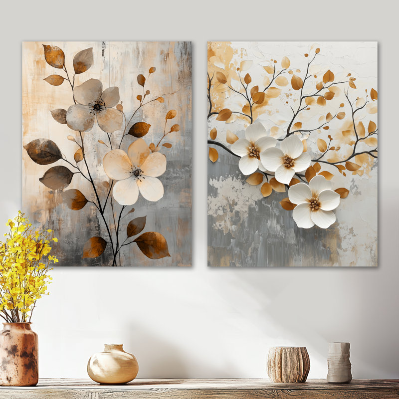 Fleurs de cerisier orange gris botanique III - ensemble de 2 reproductions d'art mural en métal, 32" H x 48" W