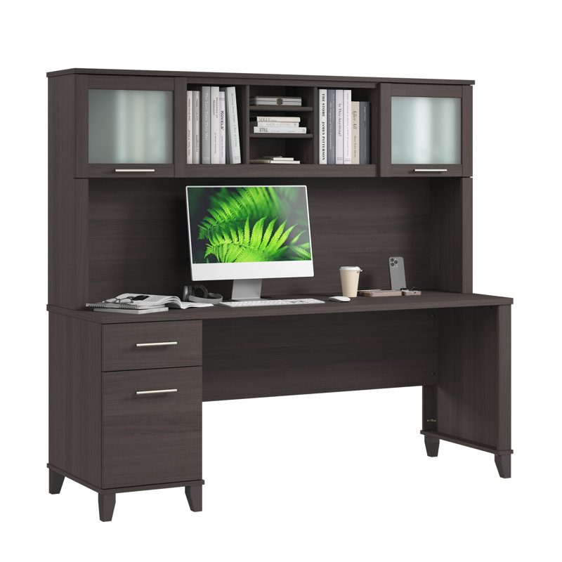 Paelynn 72” Office Desk with Hutch and Drawers, Computer Office Desk with Storage, Modern Wood, Storm Gray, Storm Gray