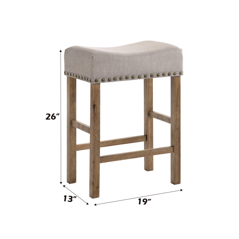 Paire de tabourets à hauteur de comptoir en lin brun clair et chêne vieilli Ii, tabourets sans dossier sans accoudoirs Kd avec siège fixe à hauteur de salle à manger standard, garniture cloutée rembourrée, siège à tablier en bois, carré