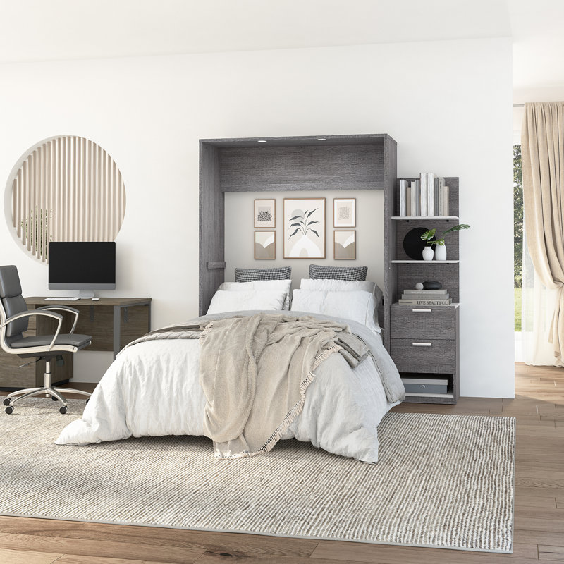 Osterman Storage Murphy Bed with Nightstand and Floating Shelves, Full, Bark Gray