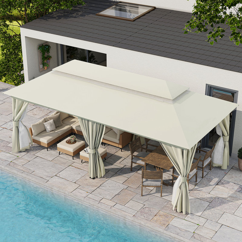 Creamy White Steel Patio Gazebo with Mosquito Netting and Curtains