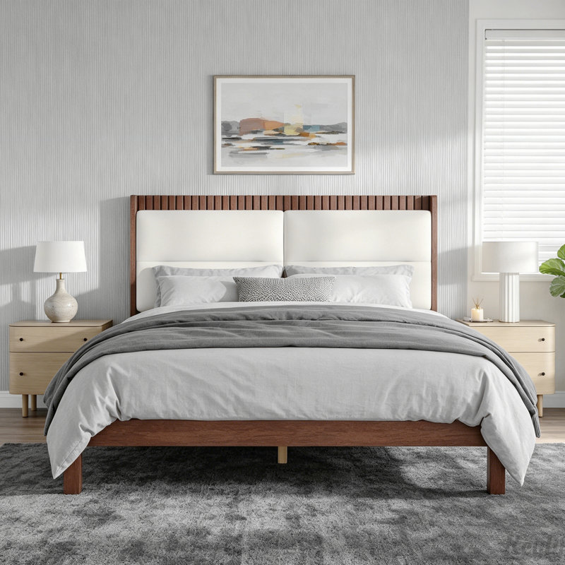 Lit plateforme en bois massif avec tête de lit tapissier en velours, Grand lit, Espresso