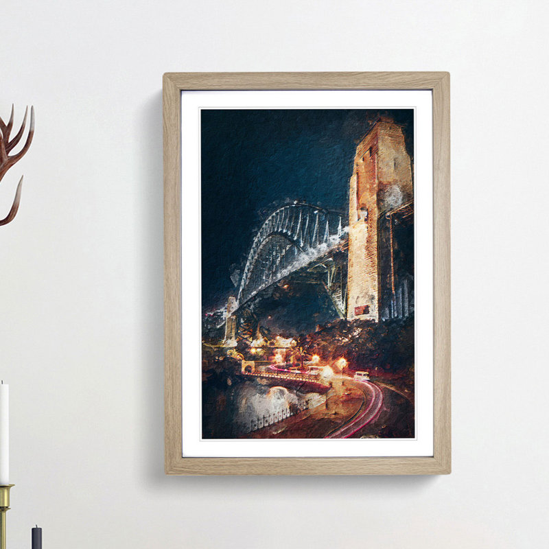 Sydney Harbour Bridge Australia Abstract Art - Picture Frame Painting Print, 48cm H x 36cm W x 2cm D, Oak Framed