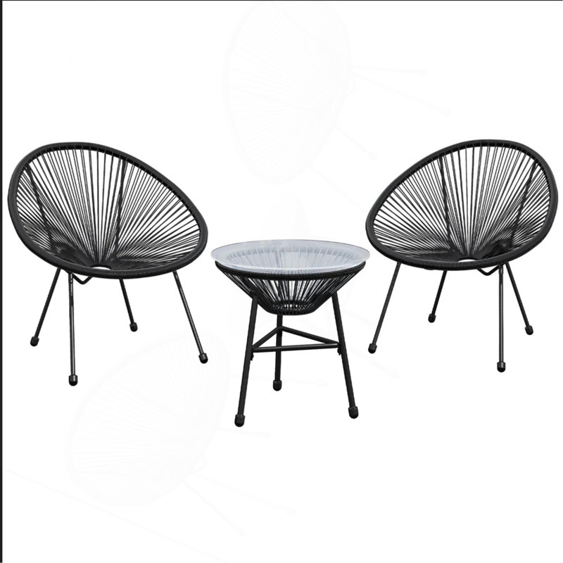 Ensemble bistro 3 pièces avec 2 chaises et table en verre Acapulco, Noir