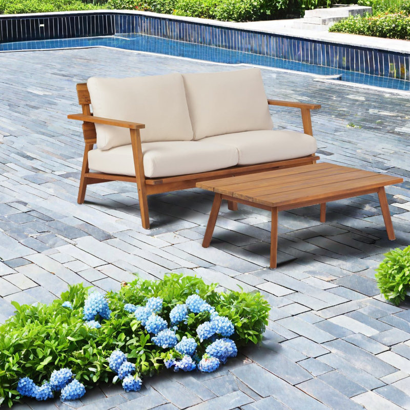 Canapés de patio modernes, ensemble durable en bois d'acacia avec coussins confortables, confort extérieur