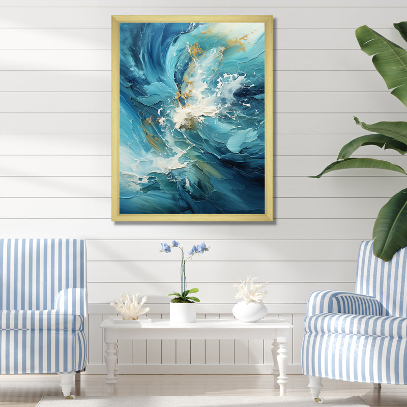 Océan blanc et courants bleus sur toile, H 32 po x l 16 po x P 1 po, Cadre doré simple